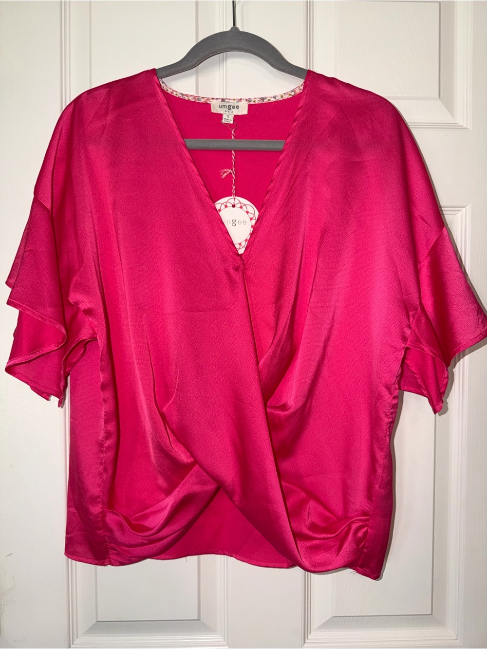 Umgee Satin Hot Pink Wrap-Front V-Neck Blouse
